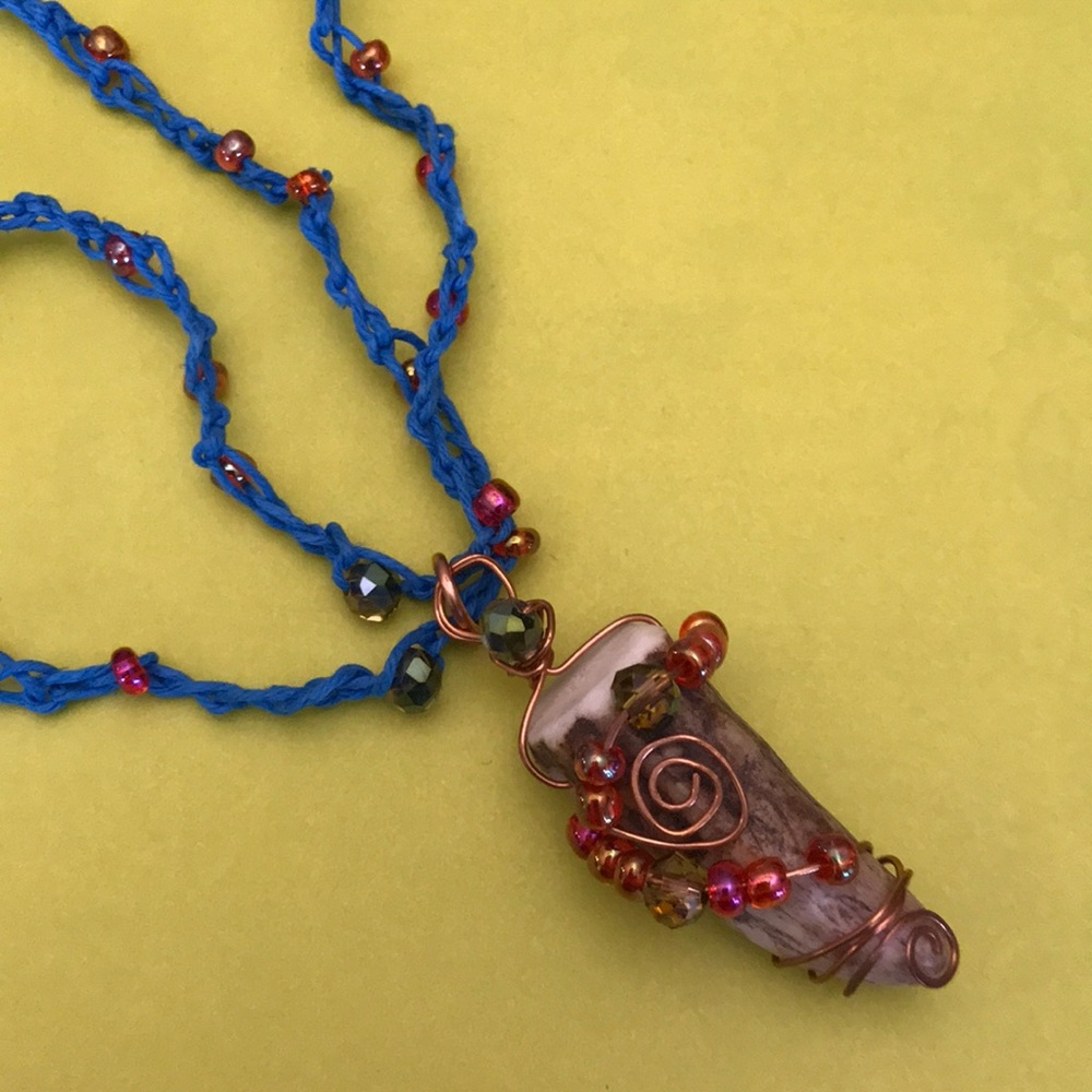 Natural deer horn and copper crochet necklace